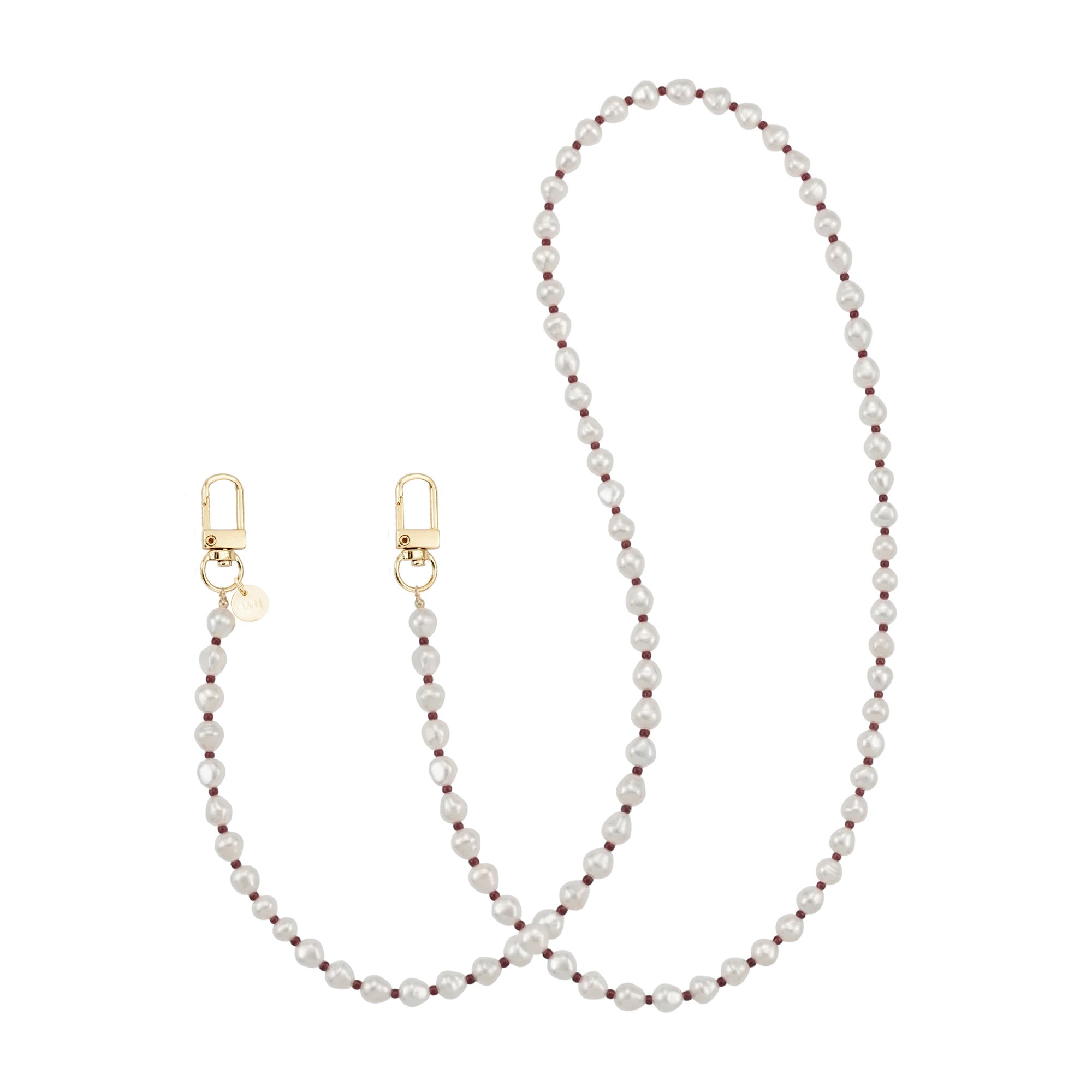 Lange Burgundy Pearl telefoonkoord met witte parels, bordeauxrode accenten en gouden karabijnhaken.