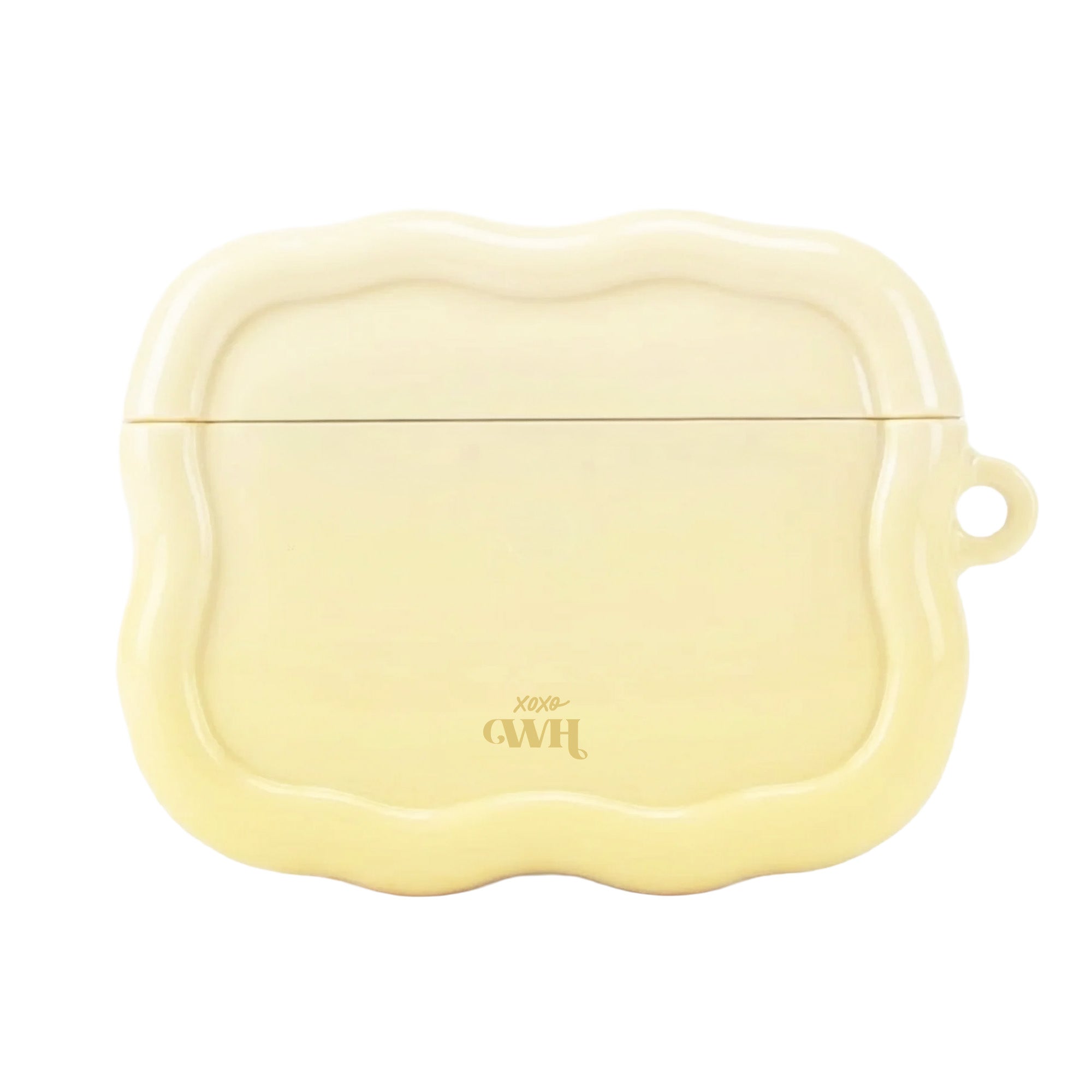 Glanzende lichtgele Buttercup AirPods case met golvende randen en xoxo GWH logo.