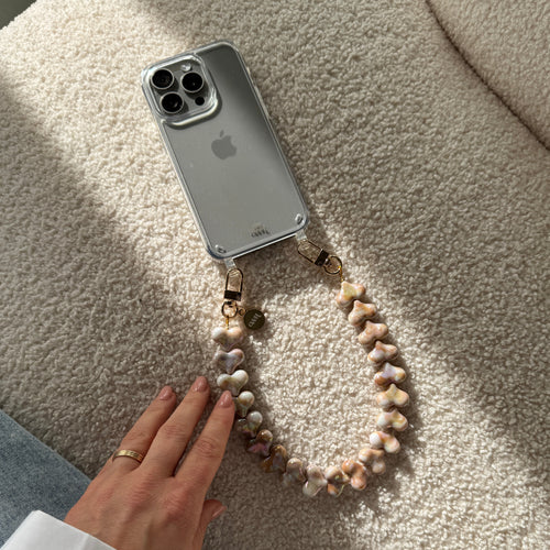 xoxo Wildhearts iPhone 15 Plus - Funky Hearts (Champagne Pearl) Transparant Cord Case