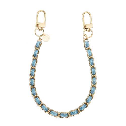 Korte Classic Chain Denim telefoonband met gouden schakels en karabijnhaken.