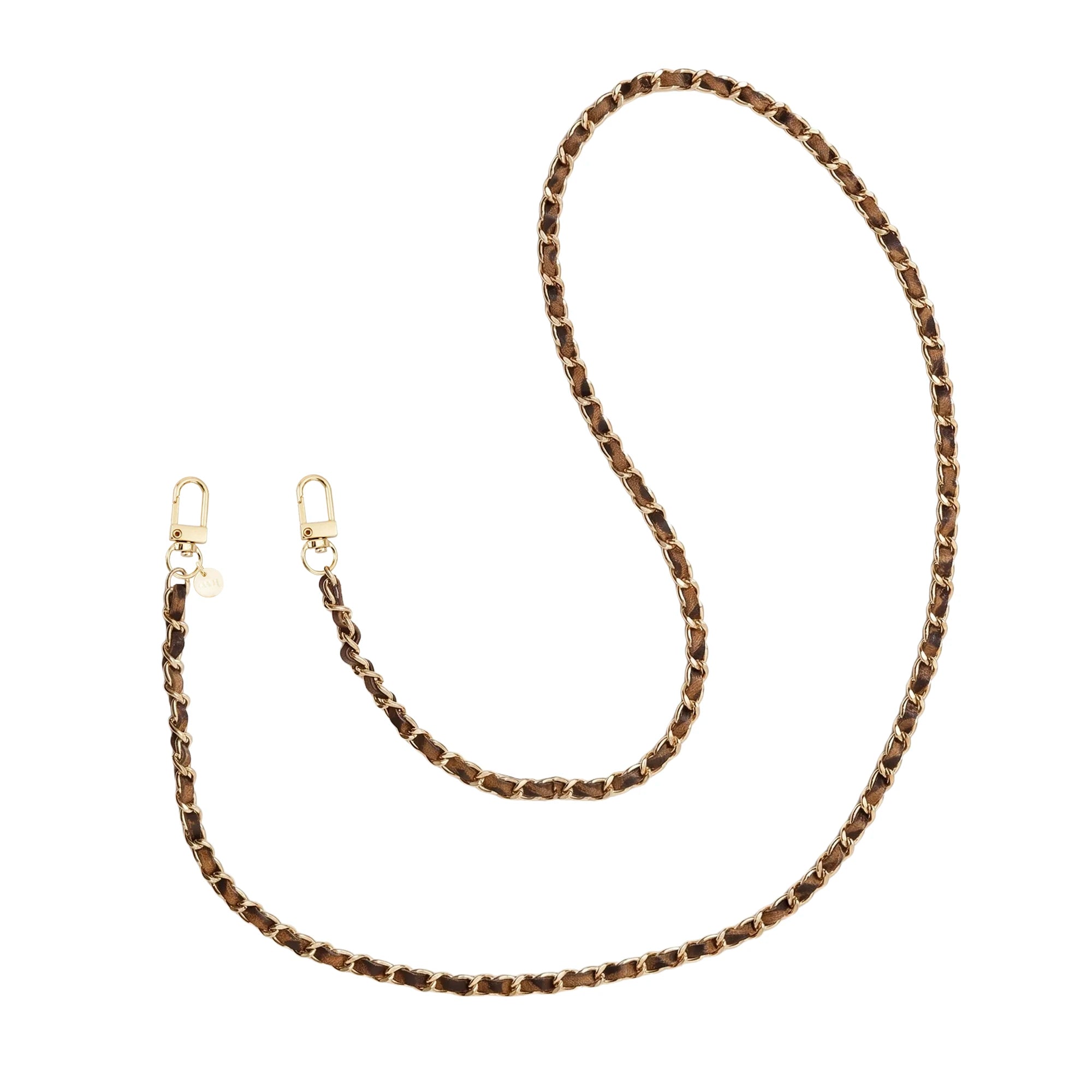 Long Classic Chain Leopard phone strap with gold hardware and brown faux leather.