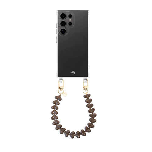 Funky Hearts Dark Brown Transparant Cord Case - Samsung Galaxy S24 Ultra