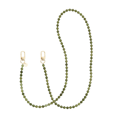 Lang Deep Olives koord met diepgroene kralen en gouden karabijnhaken.