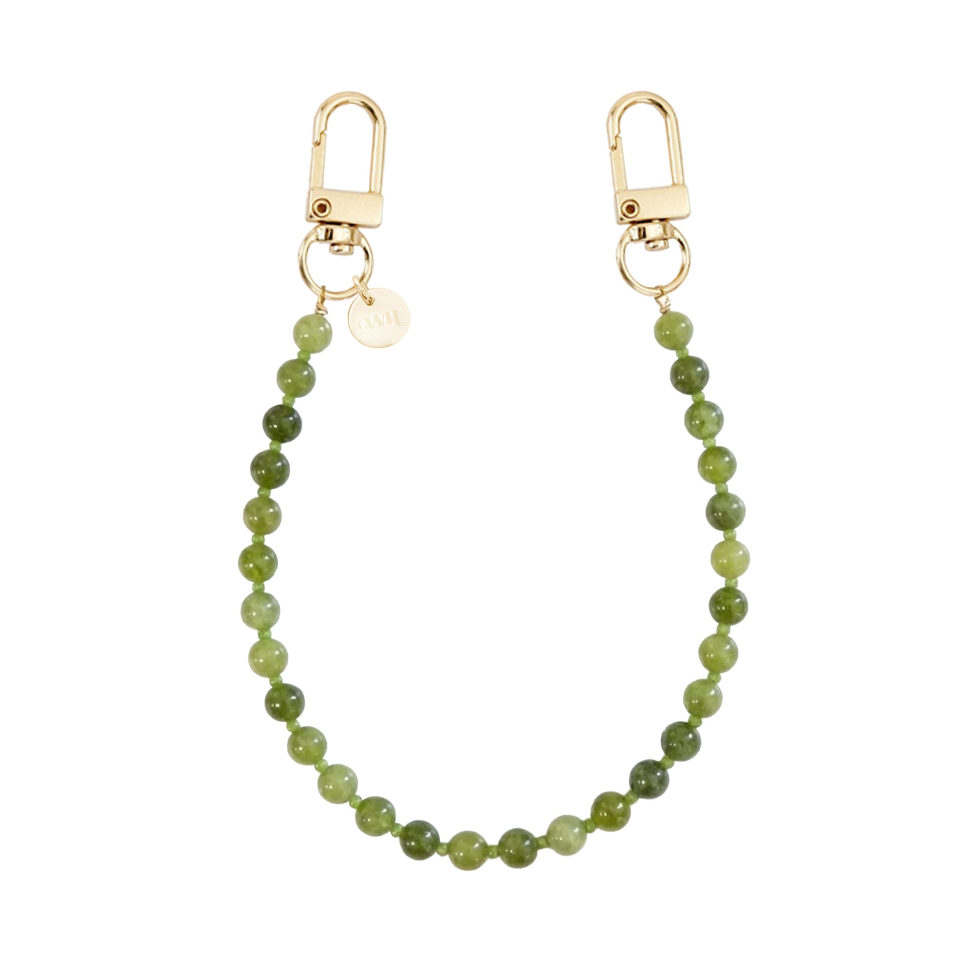 Kort Deep Olives koord met diepgroene kralen en gouden haakjes.