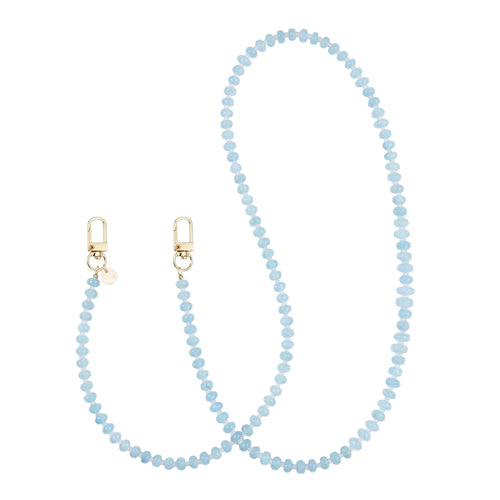 Lange Dusty Blue telefoonkoord van kralen met gouden haakjes en een parel detail.