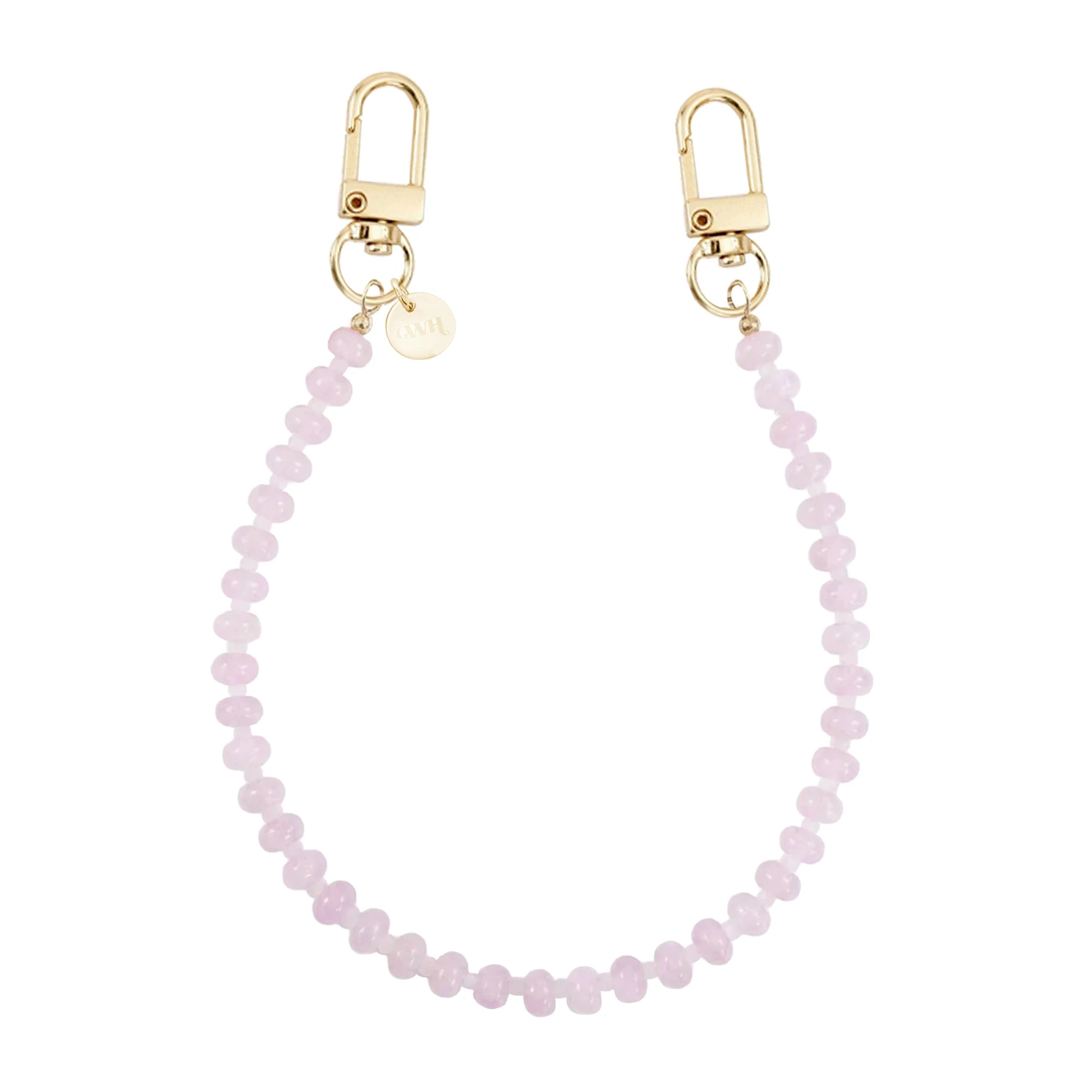 Kort Dusty Pink koord met roze kralen en gouden karabijnhaken, inclusief een klein gouden merklabel.
