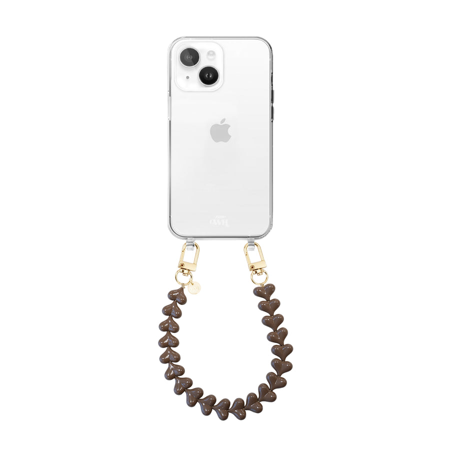 iPhone 15 Plus - Funky Hearts (Dark Brown) Transparant Cord Case