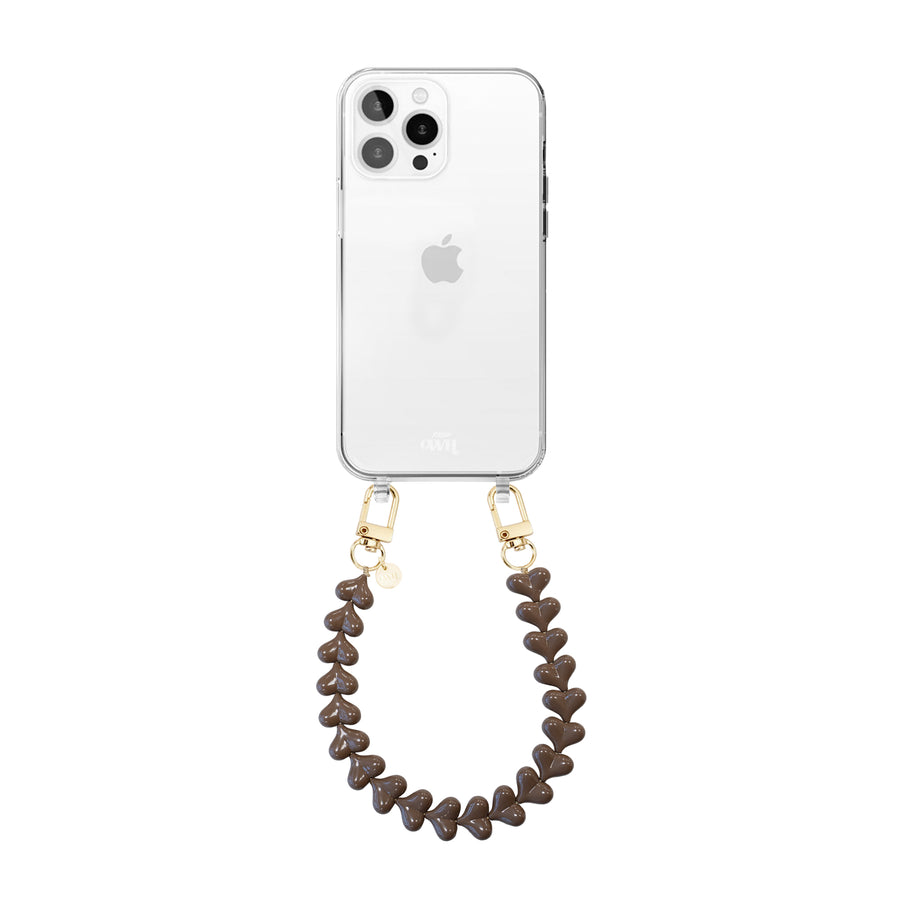 iPhone 14 Pro Max - Funky Hearts (Dark Brown) Transparant Cord Case