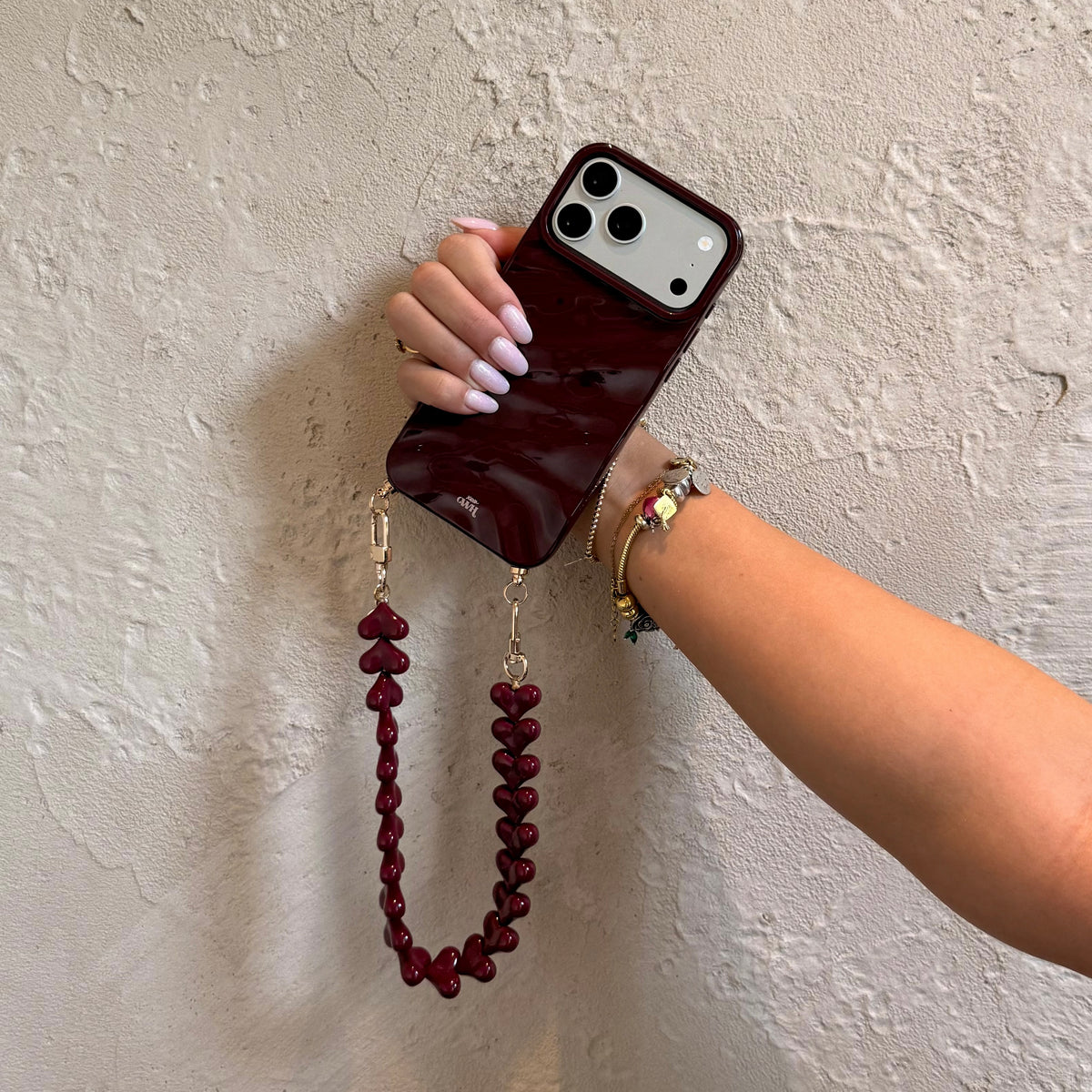 Burgundy Glaze Cord Case - Funky Hearts - iPhone 17 Pro Max