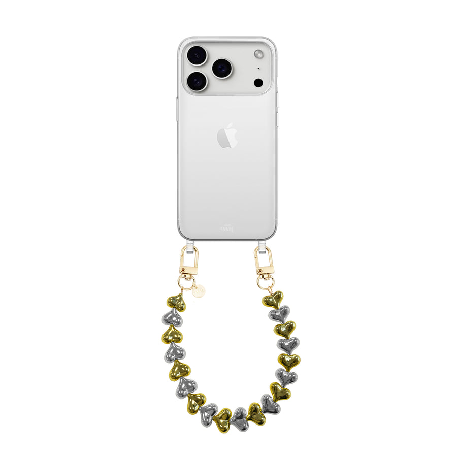 iPhone 17 Pro Max - Funky Hearts (Gold & Silver) Transparant Cord Case