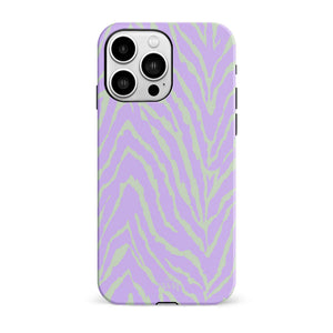 Glossy iPhone 15 Pro hoesje met lila en lichtgroen zebra design.