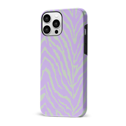 Glossy Main Character iPhone 15 Pro hoesje met lila en lichtgroen zebra design.