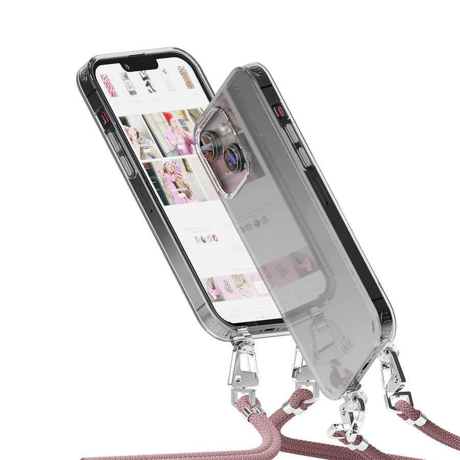 iPhone 15 Plus - Étui à cordon transparent vibrations roses