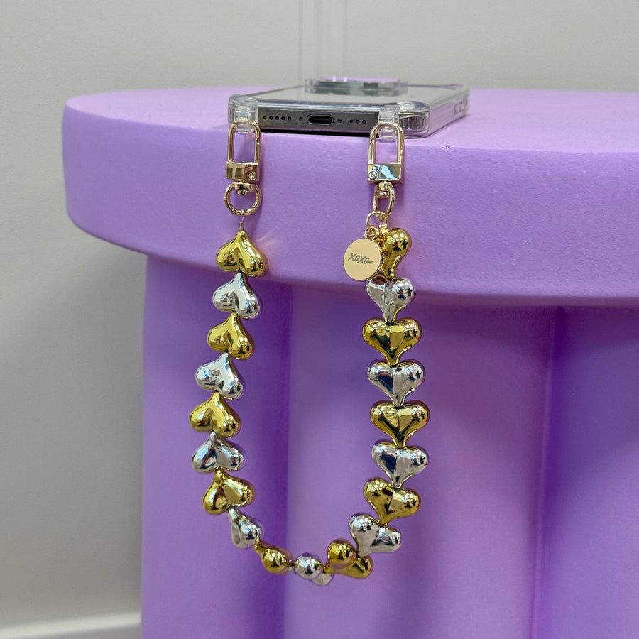 iPhone 17 Pro Max - Funky Hearts (Gold & Silver) Transparant Cord Case
