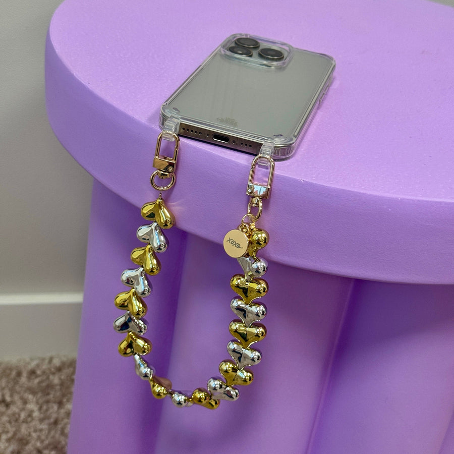 iPhone 17 Pro Max - Funky Hearts (Gold & Silver) Transparant Cord Case