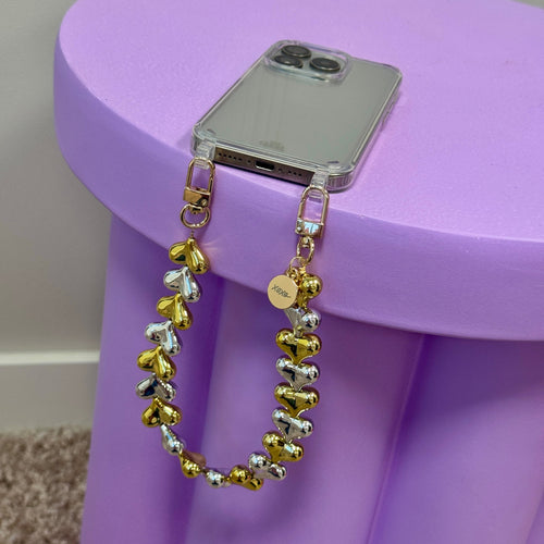 xoxo Wildhearts iPhone 17 Pro - Funky Hearts (Gold & Silver) Transparant Cord Case