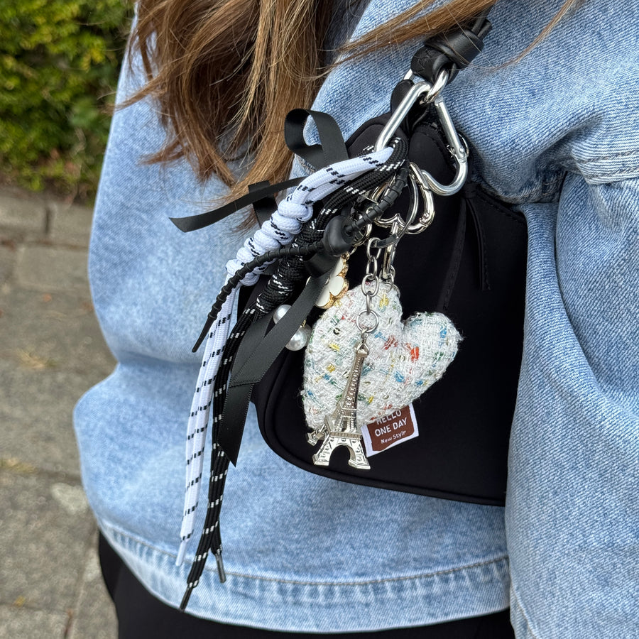 Bag Charm - Tweed Heart - White