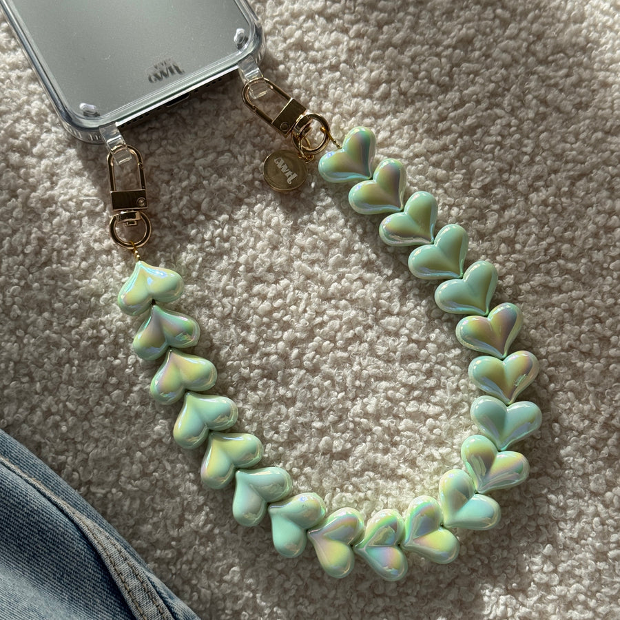 xoxo Wildhearts iPhone 16 - Funky Hearts (Green Metallic) Transparant Cord Case