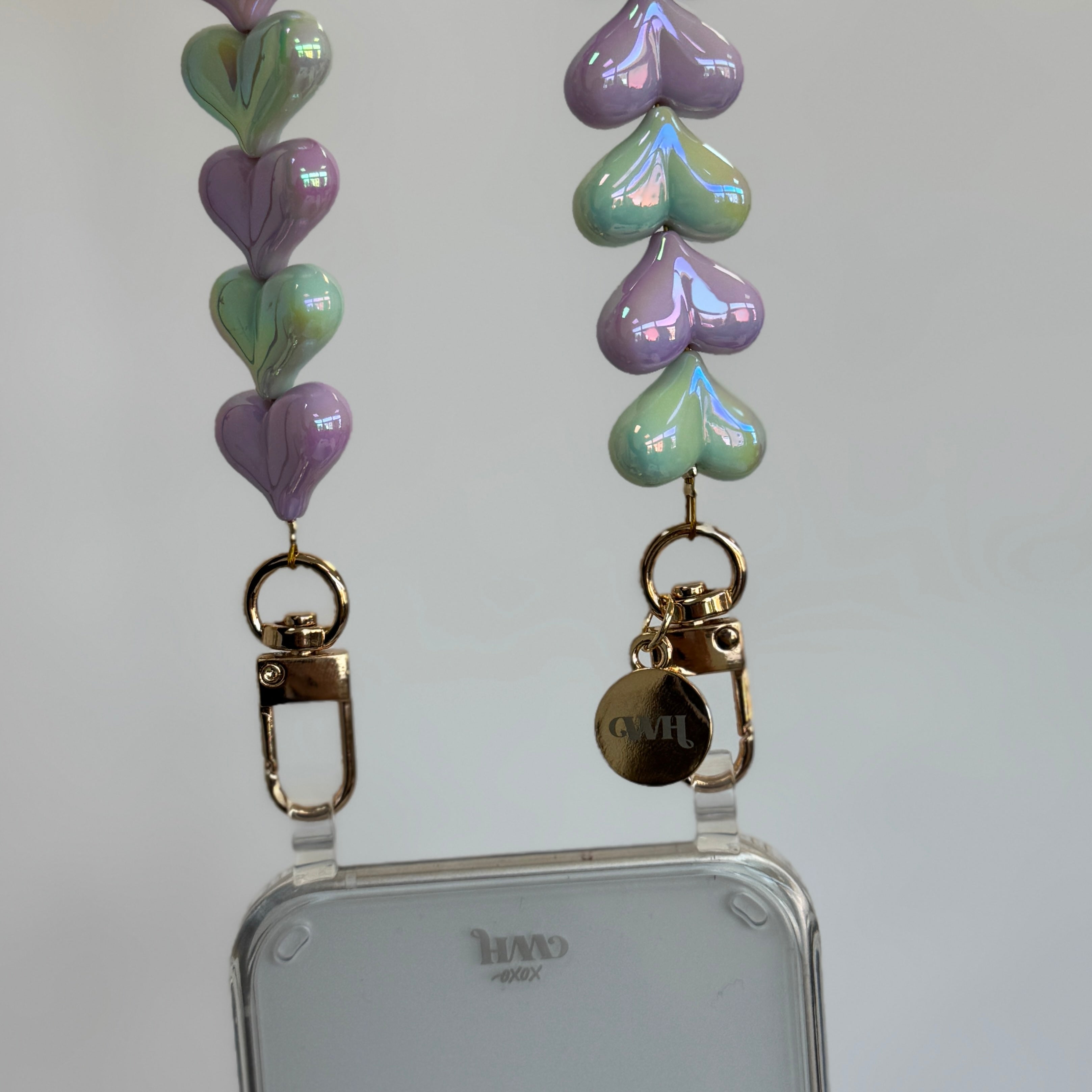 xoxo Wildhearts iPhone 14 Pro - Funky Hearts (Purple & Green Metallic) Transparant Cord Case