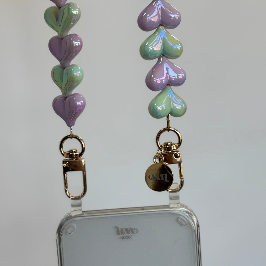 iPhone 17 Pro Max - Funky Hearts (Purple & Green Metallic) Transparant Cord Case