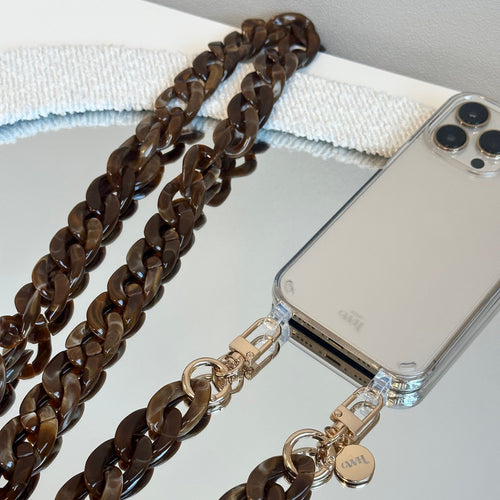 xoxo Wildhearts - iPhone 14 Pro Max - Brown Chocolate Transparant Cord Case - Long Cord