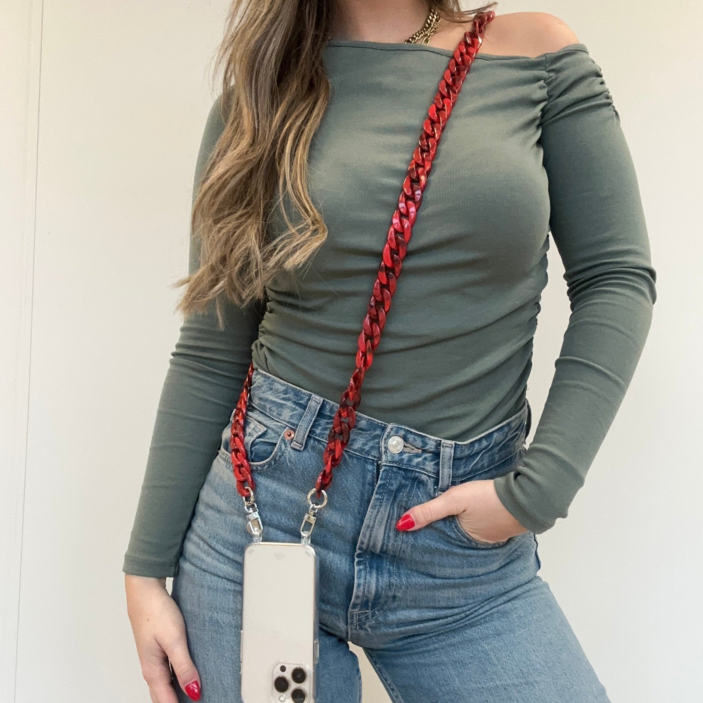 xoxo Wildhearts - iPhone 12 - Red Roses Transparant Cord Case - Long Cord