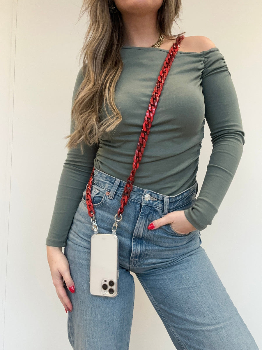 iPhone X/XS - Red Roses Transparant Cord Case - Long Cord