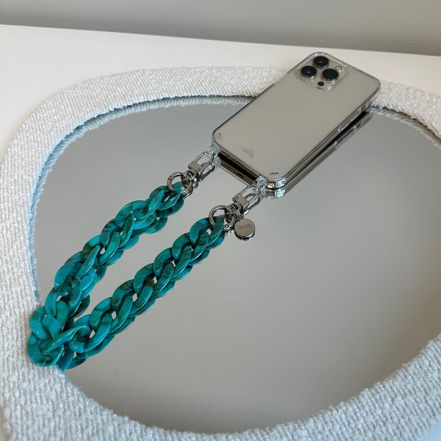 xoxo Wildhearts - iPhone 13 Pro - Blue Ocean Transparant Cord Case - Short Cord