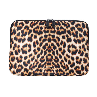 13-14 inch laptop sleeve met wilde luipaardprint, dubbele rits en xoxo GWH logo.