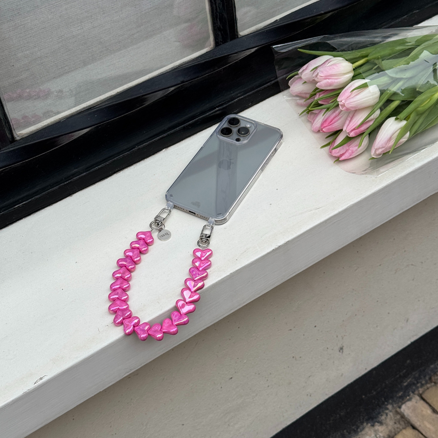iPhone 17 Pro Max - Funky Hearts (Fuchia Metal) Transparant Cord Case