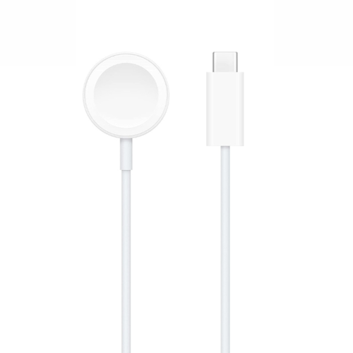 Witte Apple Watch USB-C oplaadkabel met magnetische ronde lader en rechthoekige USB-C connector.