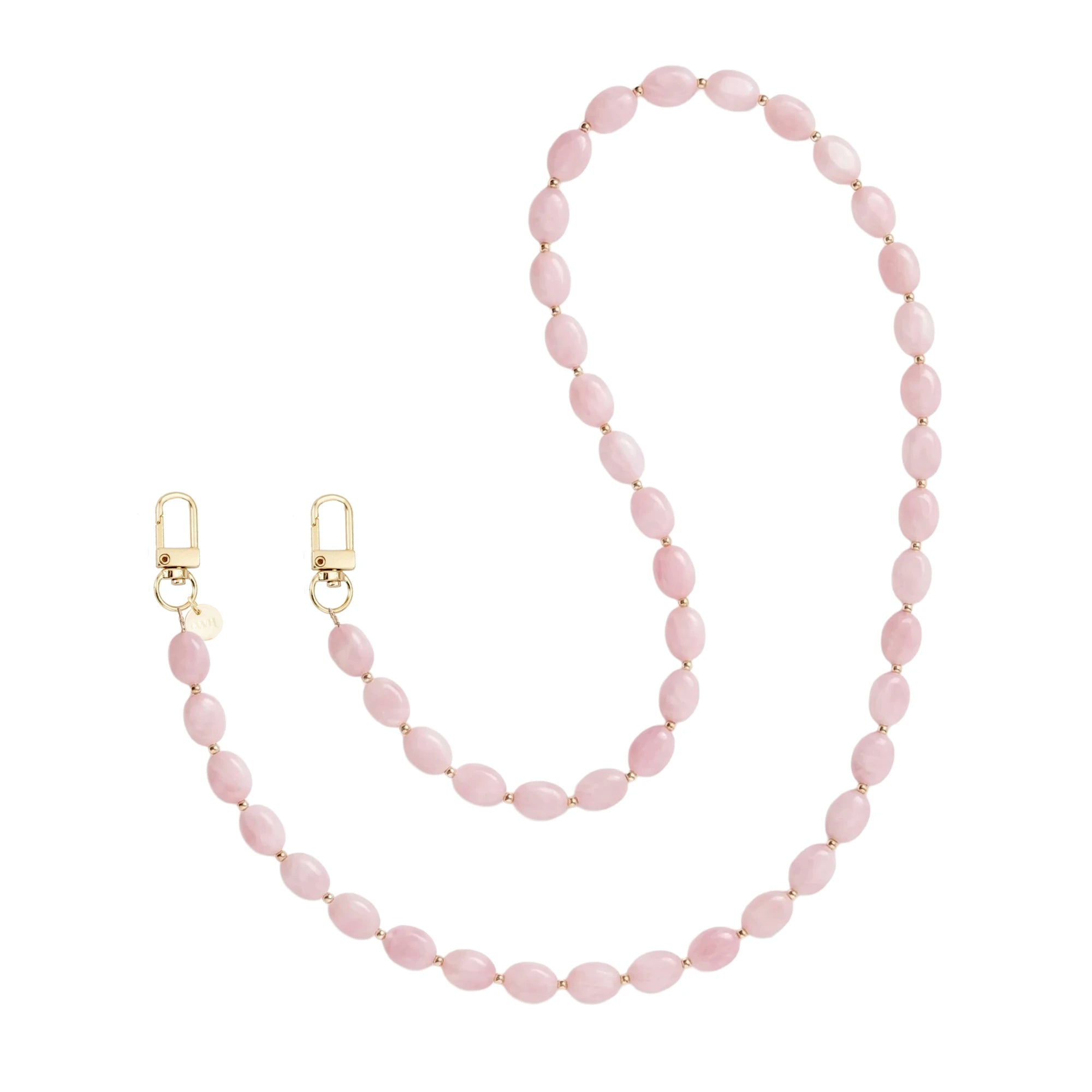 Lang Ocean Blush koord met roze kralen en gouden sluitingen.