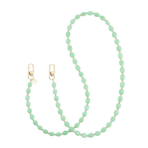 Lang Ocean Mint koord met mintgroene kralen en gouden sluitingen.