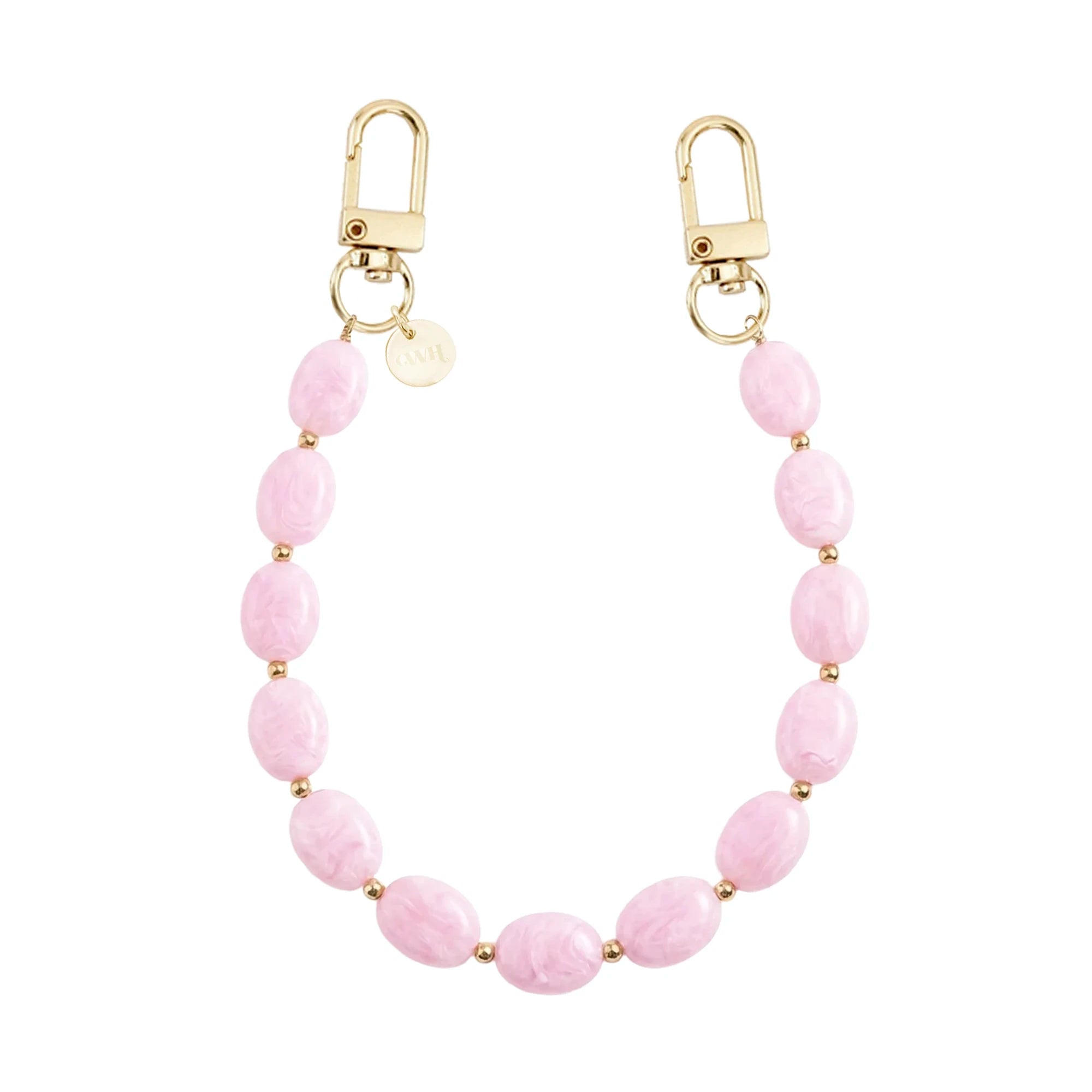 Kort Ocean Blush polskoord met roze marmeren kralen, gouden details en twee gouden sluitingen.