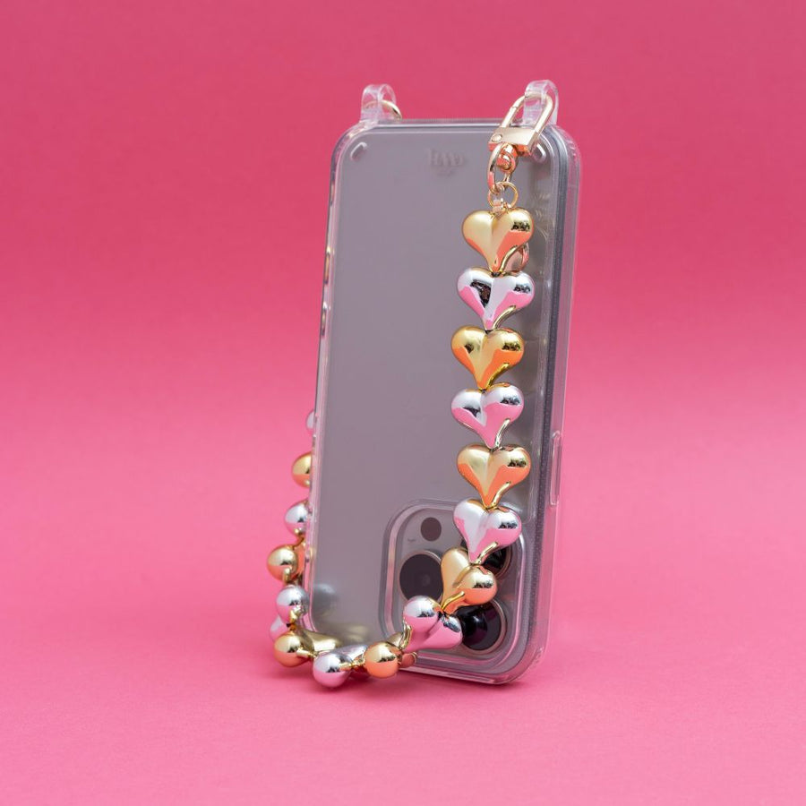 iPhone 17 Pro Max - Funky Hearts (Gold & Silver) Transparant Cord Case