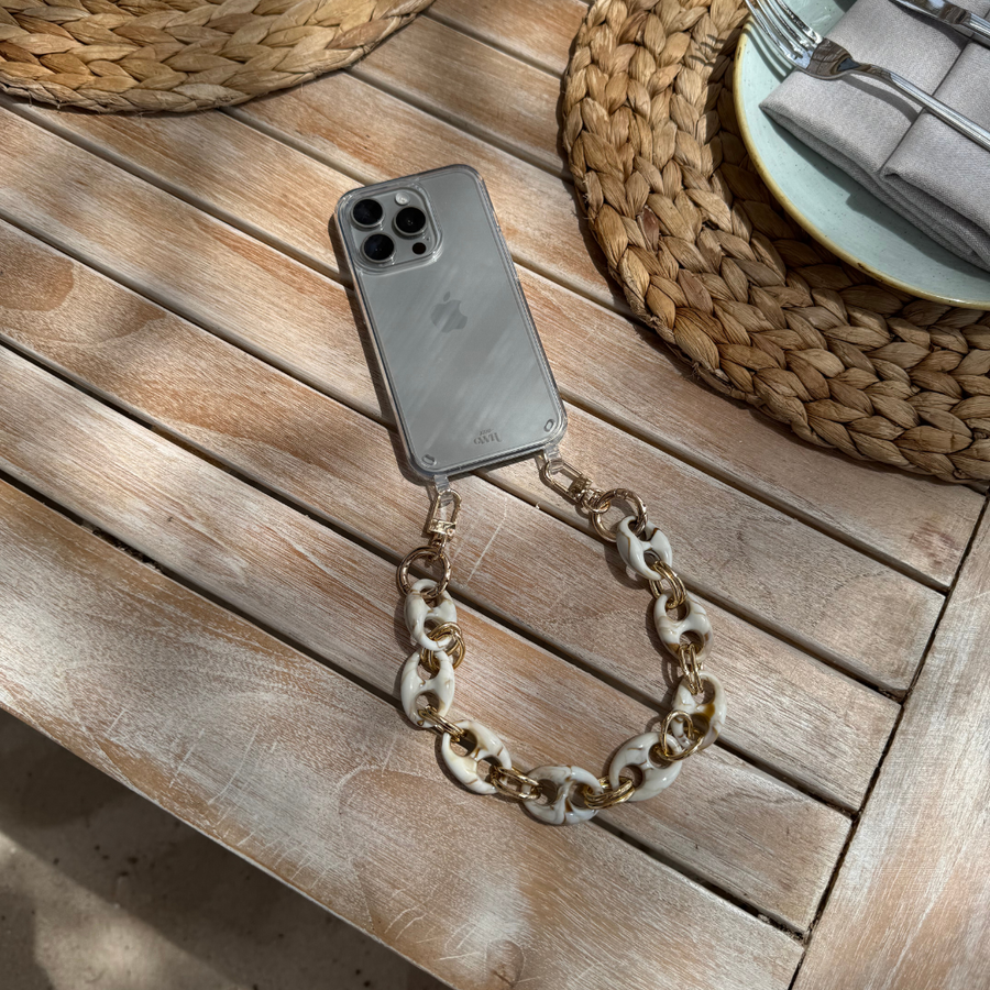 xoxo Wildhearts - iPhone 13 Mini - Marble Creme Transparant Cord Case - Short Cord