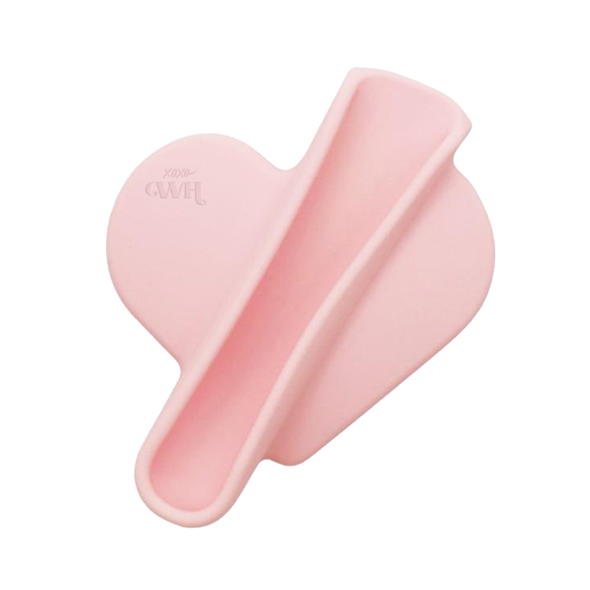 Roze hartvormige siliconen lipgloss houder met zuignappen en "xoxo GWH" logo.