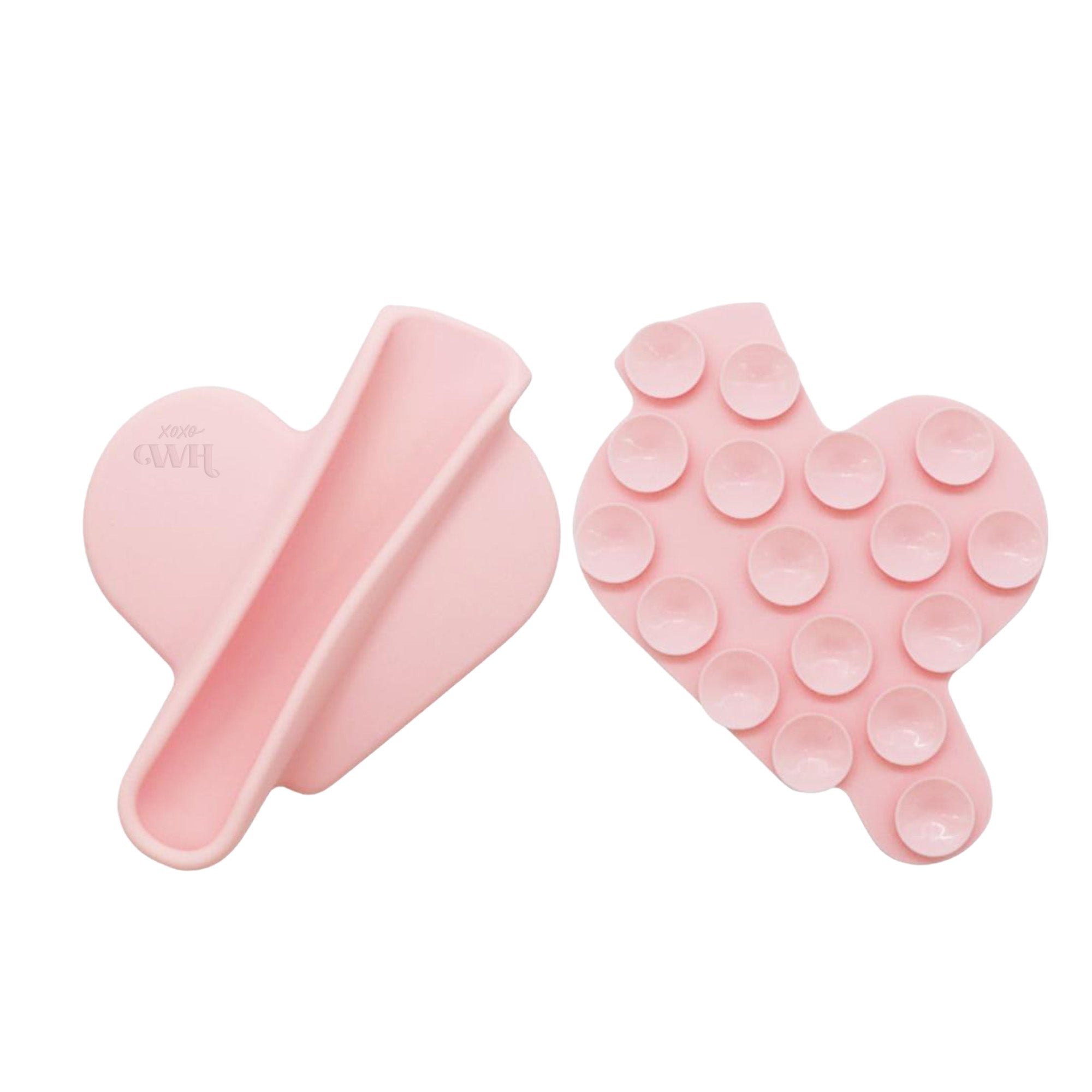 Roze hartvormige siliconen lipgloss houder met zuignappen, xoxo Wildhearts logo.