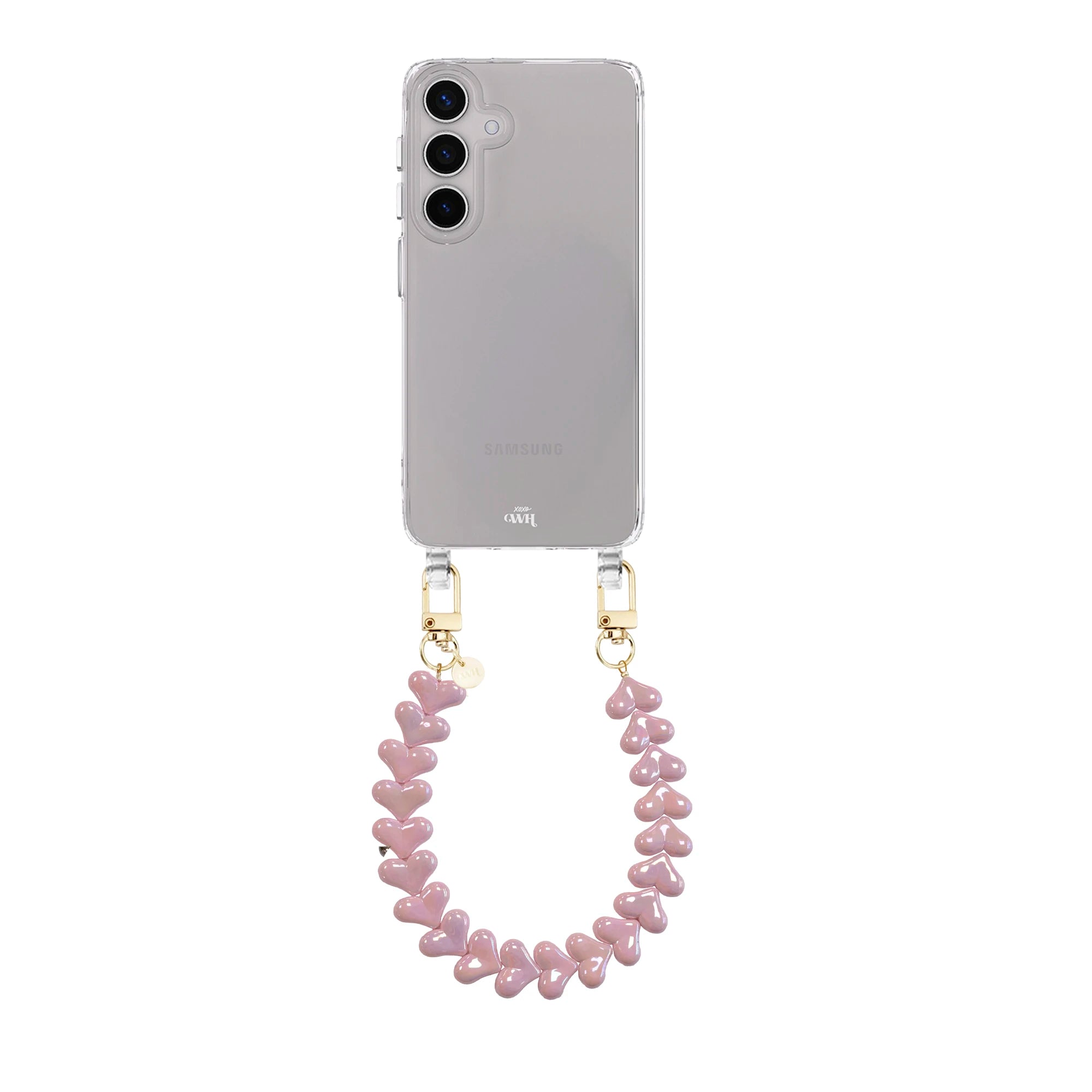Funky Hearts Pink Metallic Transparant Cord Case - Samsung Galaxy S24 Plus
