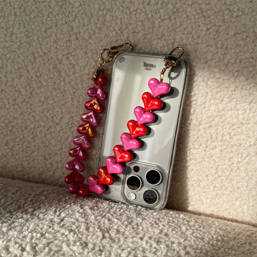 xoxo Wildhearts iPhone 14 Plus - Funky Hearts (Pink & Red Metallic) Transparant Cord Case