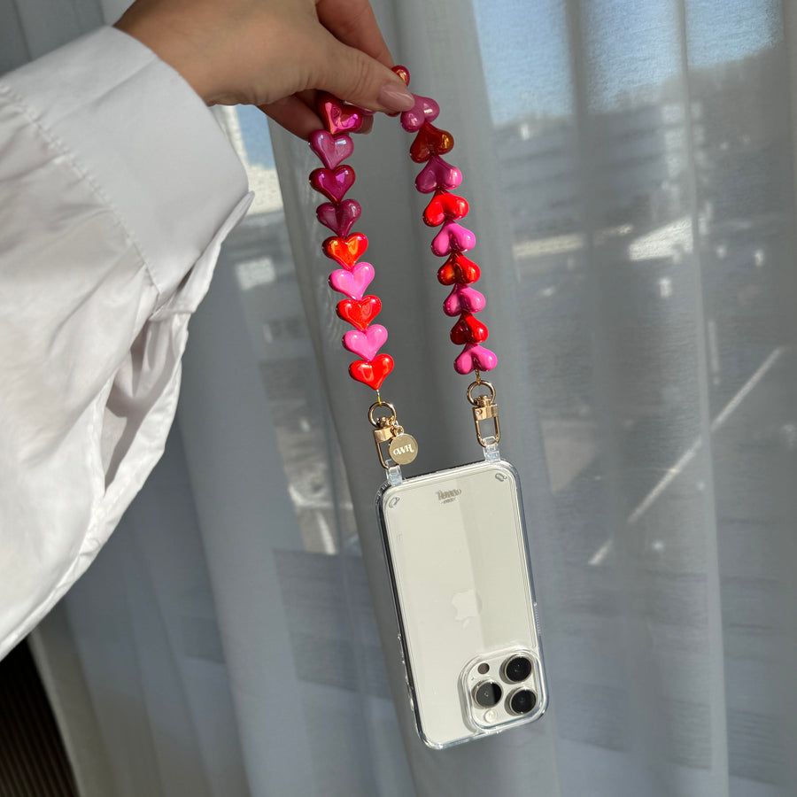 xoxo Wildhearts iPhone 14 Plus - Funky Hearts (Pink & Red Metallic) Transparant Cord Case