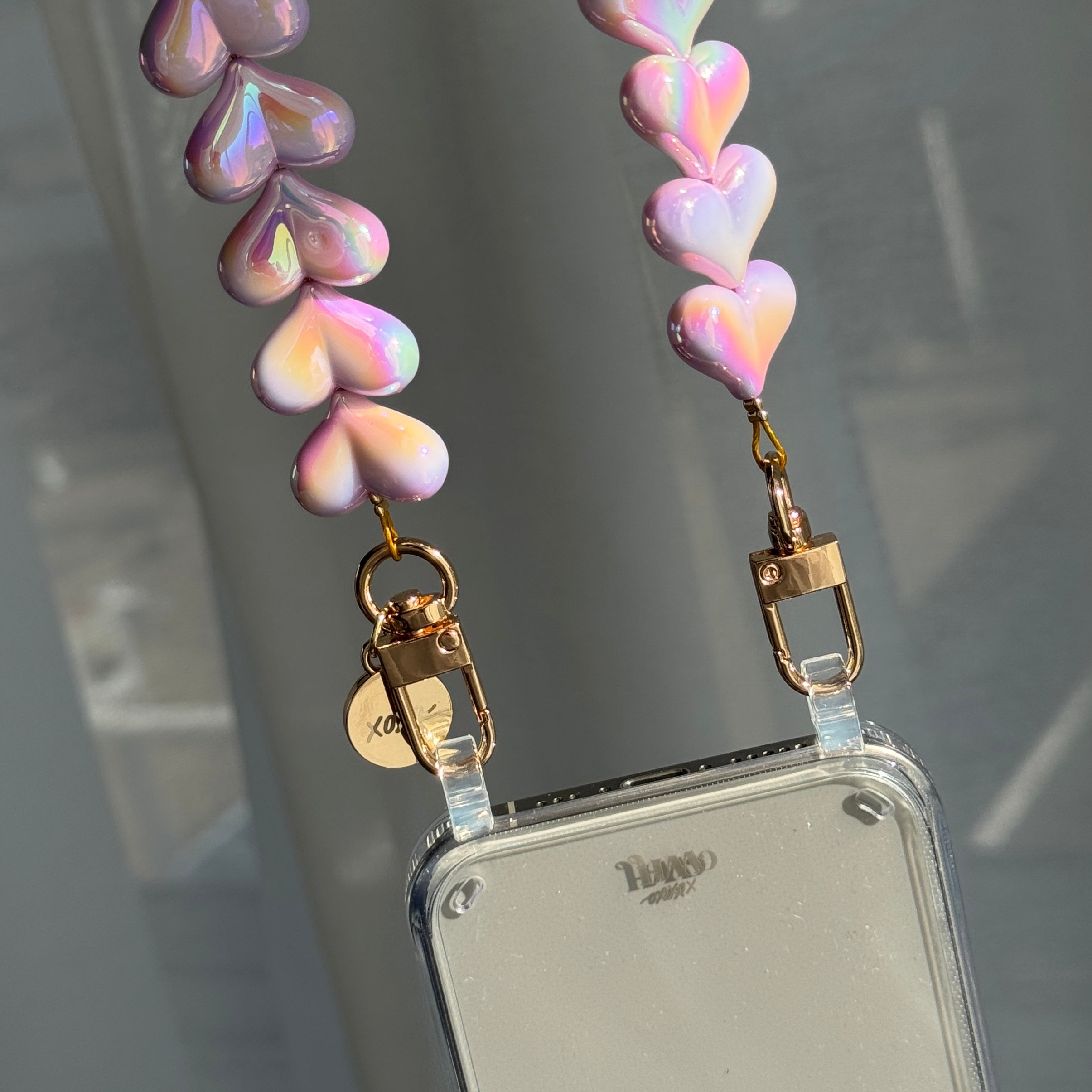 xoxo Wildhearts iPhone 15 - Funky Hearts (Purple Metallic) Transparant Cord Case