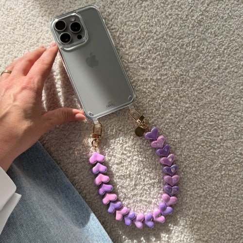 xoxo Wildhearts iPhone 15 Plus - Funky Hearts (Pink & Purple Metallic) Transparant Cord Case