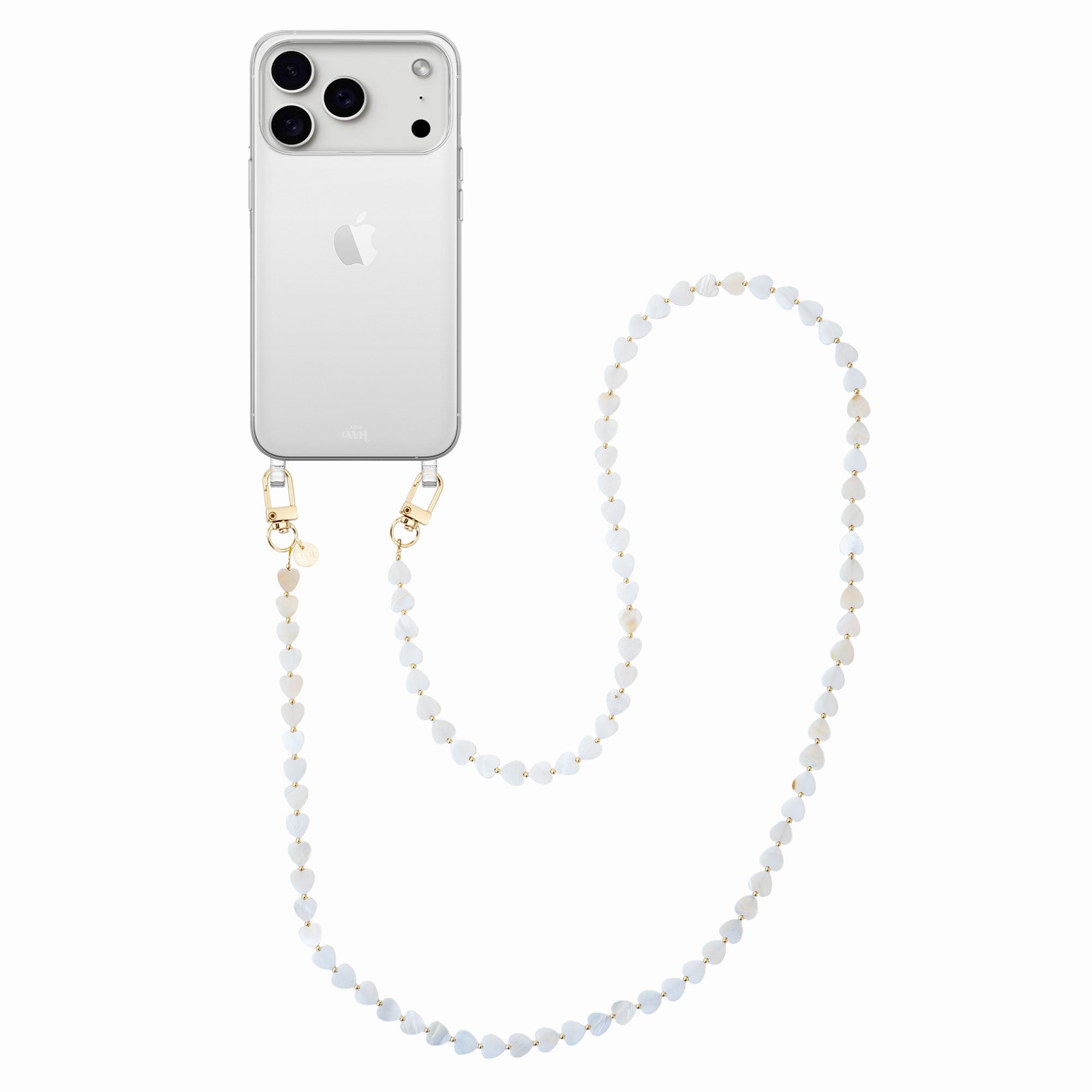 xoxo Wildhearts iPhone 17 Pro Max - Shell Hearts (Beige) Transparant Cord Case - Long cord