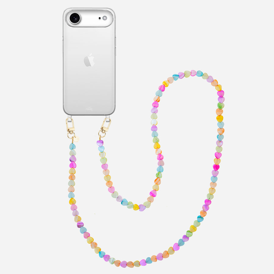 iPhone 17 Air - Shell Hearts (Rainbow) Transparant Cord Case - Long cord