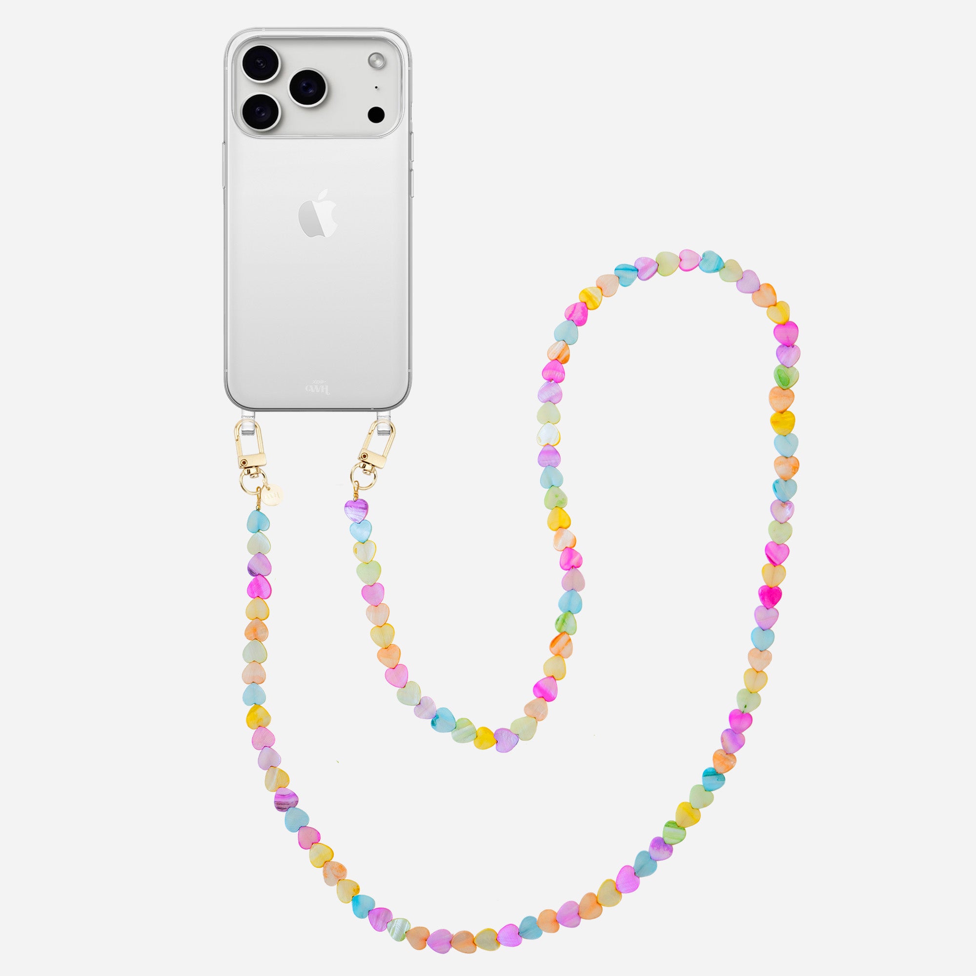 xoxo Wildhearts iPhone 17 Pro Max - Shell Hearts (Rainbow) Transparant Cord Case - Long cord