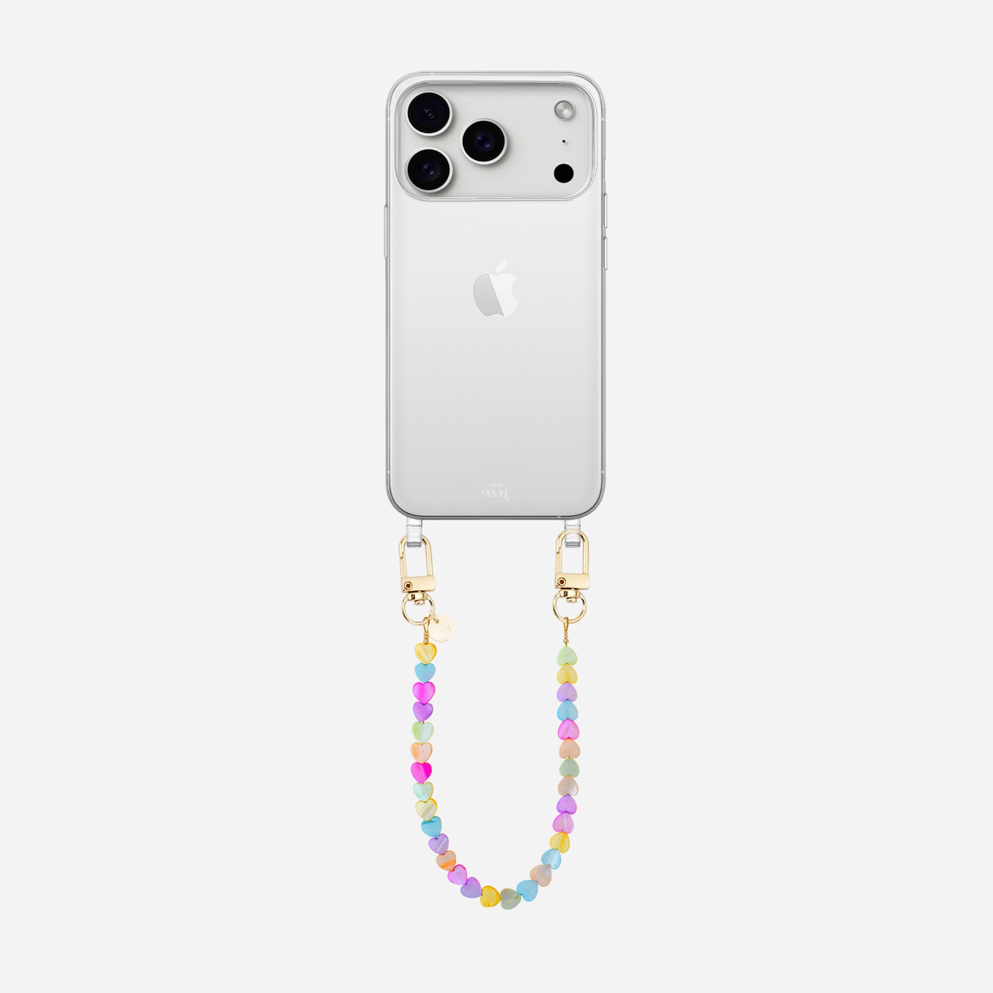 xoxo Wildhearts iPhone 17 Pro Max - Shell Hearts (Rainbow) Transparant Cord Case - Short cord