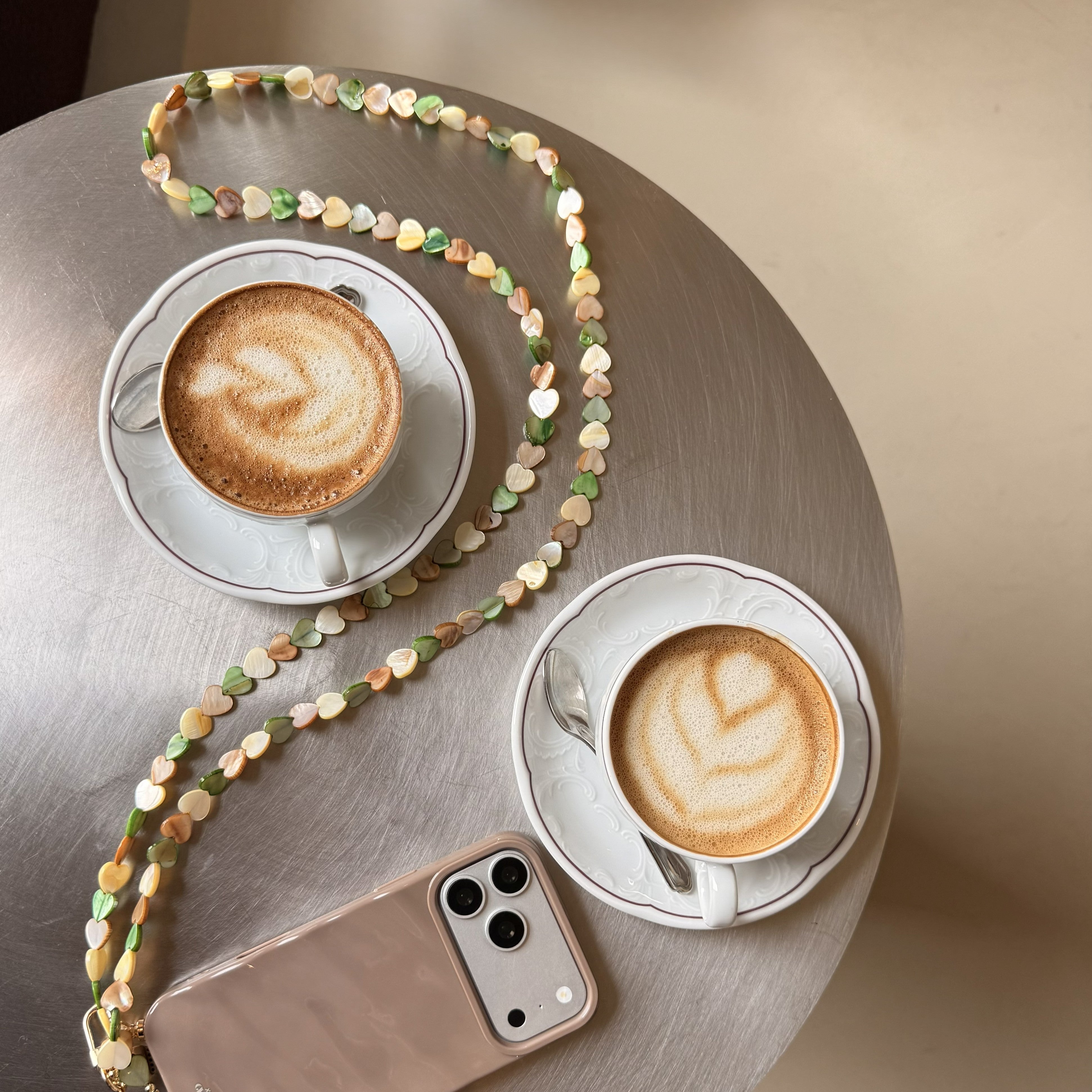 Taupe Glaze Cord Case - Shell Hearts Olives (long) - iPhone 14 Plus