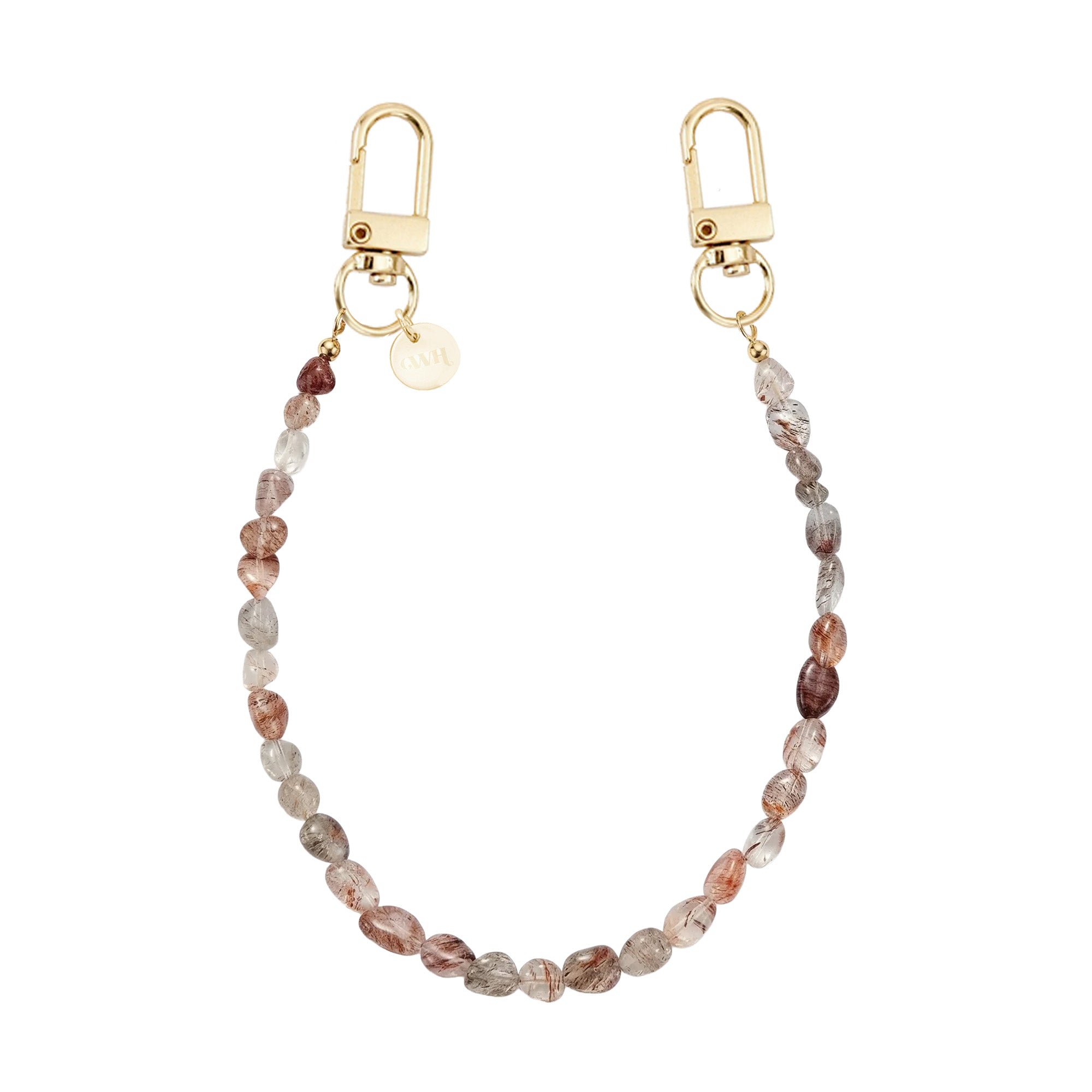 Kort Soft Taupe koord met ovale kralen en gouden karabijnhaken, ideaal als stijlvol sieraad.