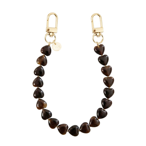 Kort Sweetheart Brown koord met glanzende hartvormige kralen en gouden karabijnhaken.